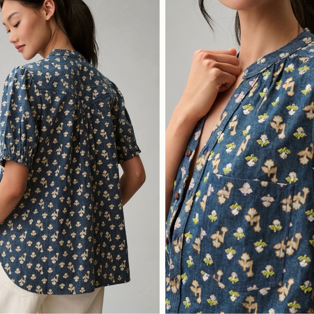 Pilcro by Anthropologie Beaded Detail Floral Denim Women's Top XL - Picture 2 of 11